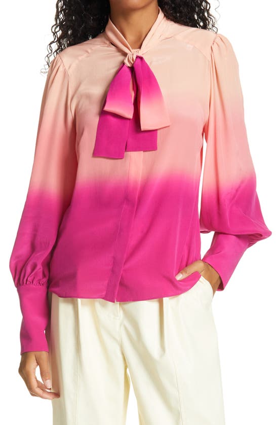 Click to view more detailed imagery on our partner's website Tanya Taylor Women's Susan Ombre Silk Tieneck Blouse In Ombre Festival Fuchsia