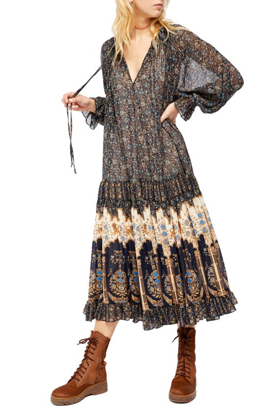 feeling groovy border maxi dress Free People Feeling Groovy Border Print Long Sleeve Dress In Sand Combo