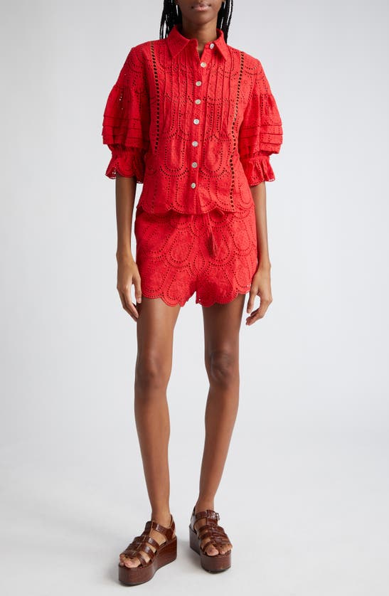 Shop Farm Rio Pineapple Eyelet Cotton Button-up Shirt In Red