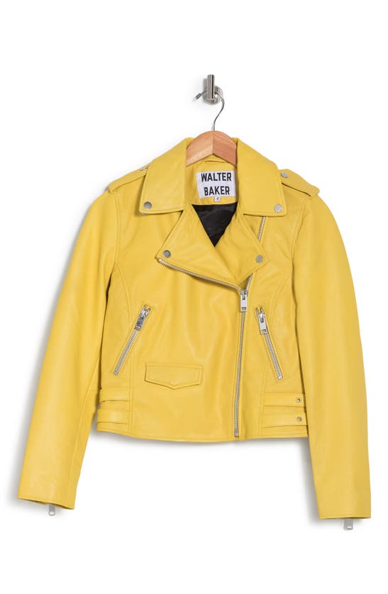 Walter Baker Liz Leather Crop Moto Jacket In Pale Yellow