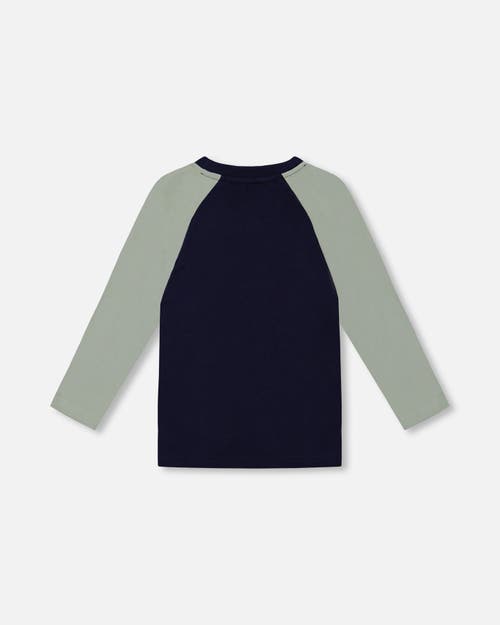 Shop Deux Par Deux Little Boy's Raglan T-shirt With Print Sage And Navy In Jadeite