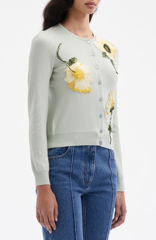 Shop Oscar De La Renta Embroidered Poppy Wool Cardigan In Sage/yellow