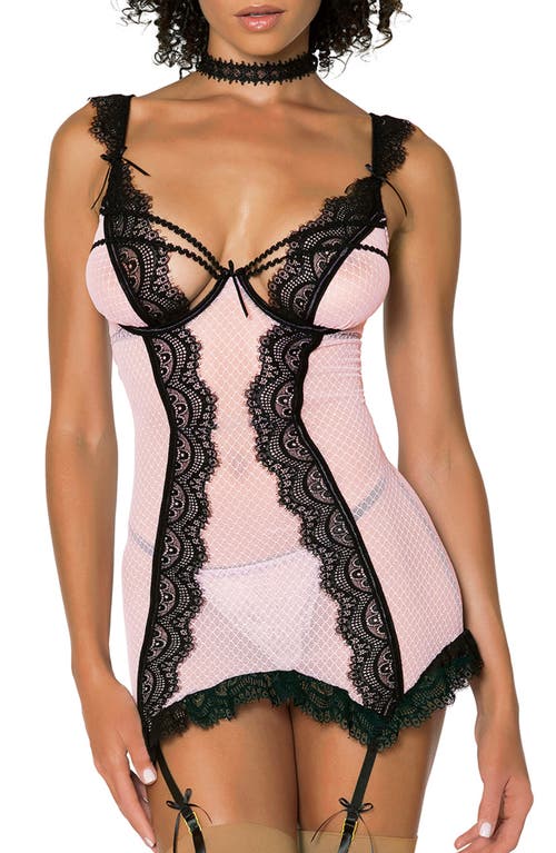 Lace Trim Underwire Basque with Garter Straps & G-String Thong in Pink/black
