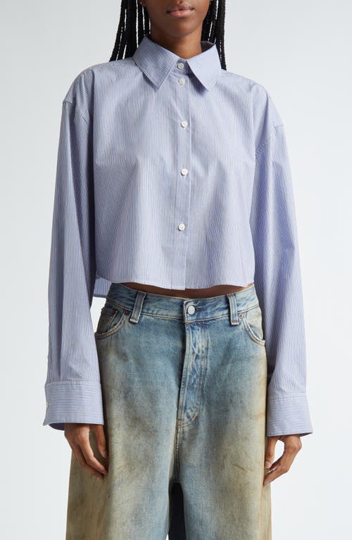 Acne Studios Satai Stripe Crop Cotton Button-up Shirt In Sky Blue/coffee Brown
