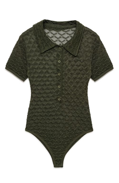 Shop Mango Escamas Sheer Knit Polo Bodysuit In Green