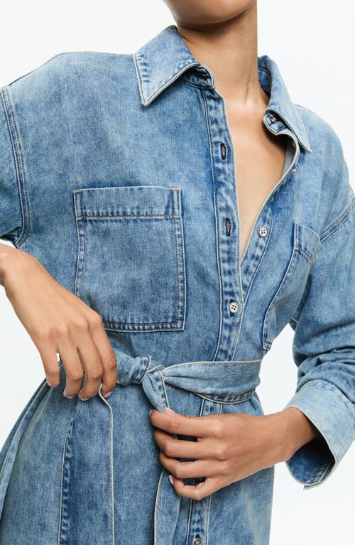 Shop Alice And Olivia Alice + Olivia Brigita Ruched Sleeve Denim Mini Shirtdress In Harlow Vintage Blue