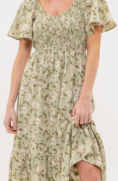 August Sky Floral Smocked Short Sleeve Midi Dress In Light Olive Multi