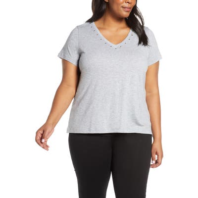 Plus Size Vince Camuto Studded V-Neck Tee, Grey