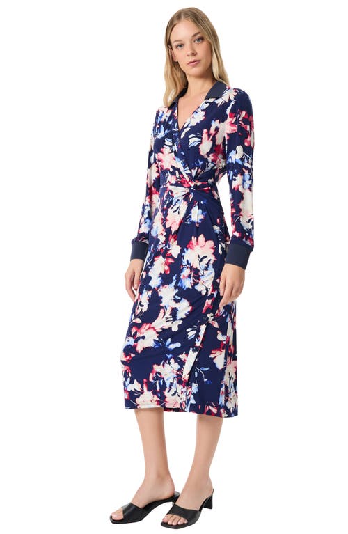 Shop Jones New York Floral Long Sleeve Collared Faux Wrap Midi Dress In Pacific Navy Multi