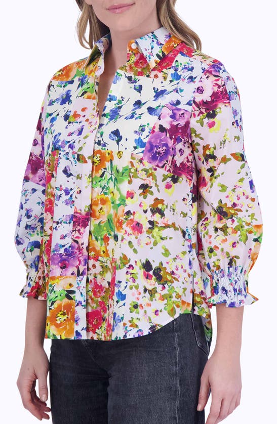 Foxcroft Olivia Floral Ruffle Sleeve Button-up Shirt In Blue/ Yellow Multi