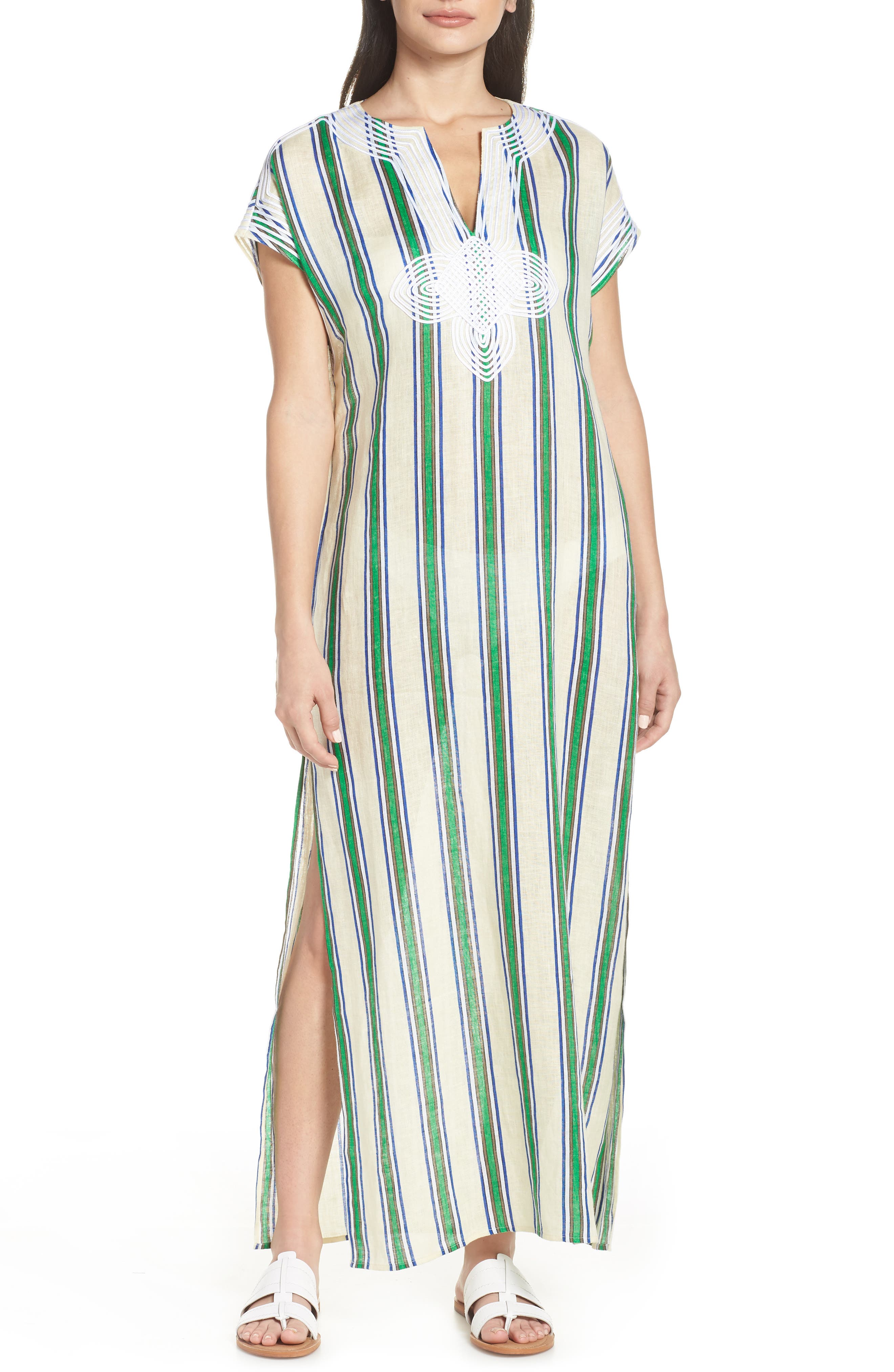 Tory Burch Awning Stripe Cover-Up Caftan, Green