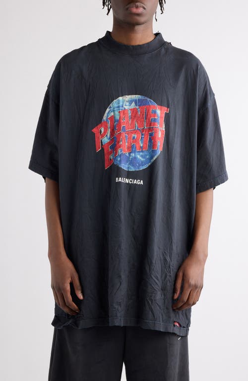 Shop Balenciaga Planet Earth Distressed Oversize Cotton Graphic T-shirt In 1055 Washed Black