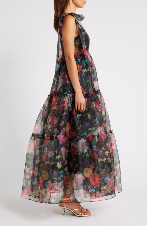 Shop Chelsea28 Bow Shoulder Floral Tiered Gown In Black Multi Floral