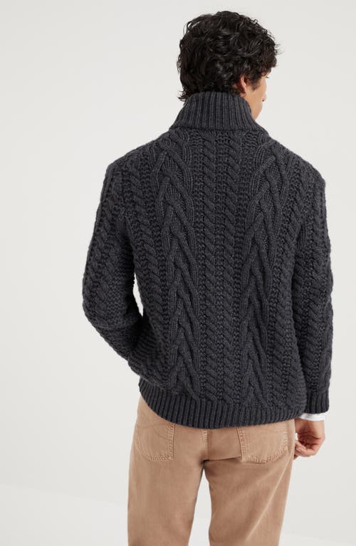 Shop Brunello Cucinelli Cashmere Irish Cable Turtleneck Cardigan In Anthracite