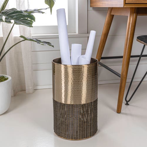 Happimess Asher Modern 4.13-gallon 2-tone Faux Wicker/metal Cylinder Waste Basket, Black/natural In Bronze/coffee