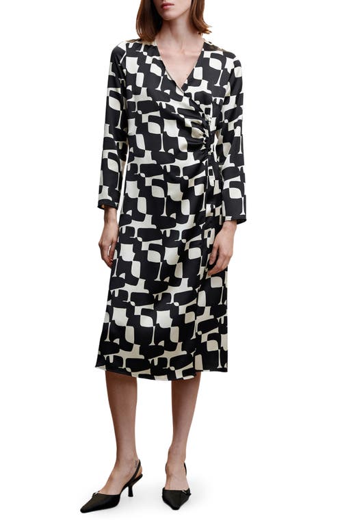 MANGO Geo Print Long Sleeve Satin Dress in Black at Nordstrom, Size 4