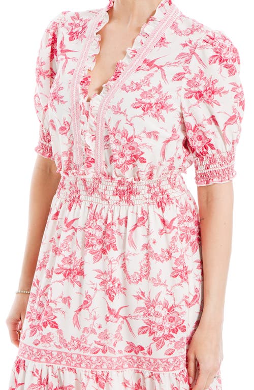 Shop Max Studio V-neck Short Puff Sleeve Floral Print Tiered Dress In Cream/red Flrl Toile