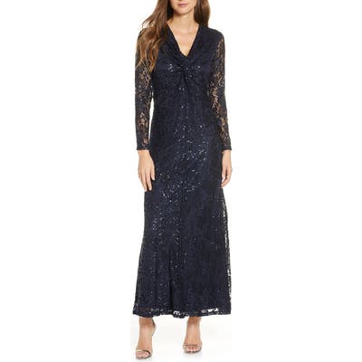 Tahari Long Sleeve Lace Gown, Grey