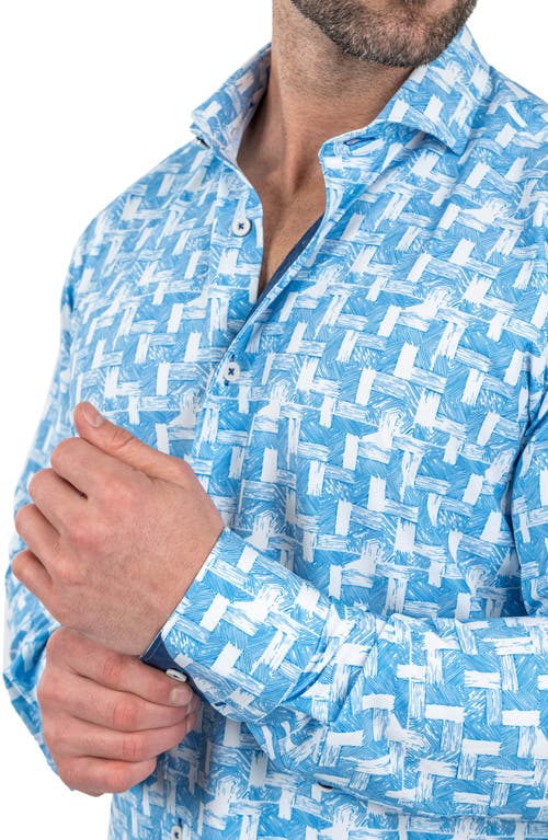 Maceoo Einstein Wood Waves Print Stretch Button-up Shirt In Blue