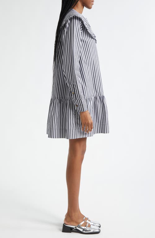 Shop Ganni Stripe Collar Long Sleeve Organic Cotton Shift Dress In Black