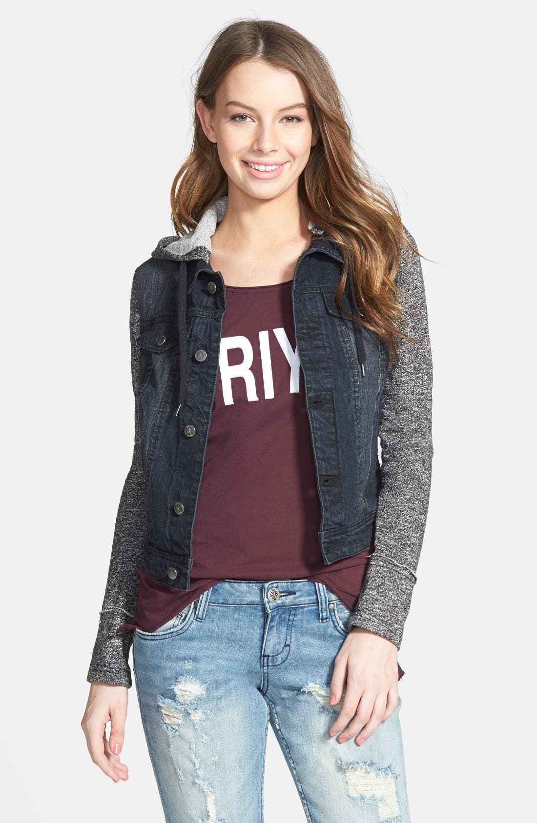 womens denim jacket with fleece sleeves