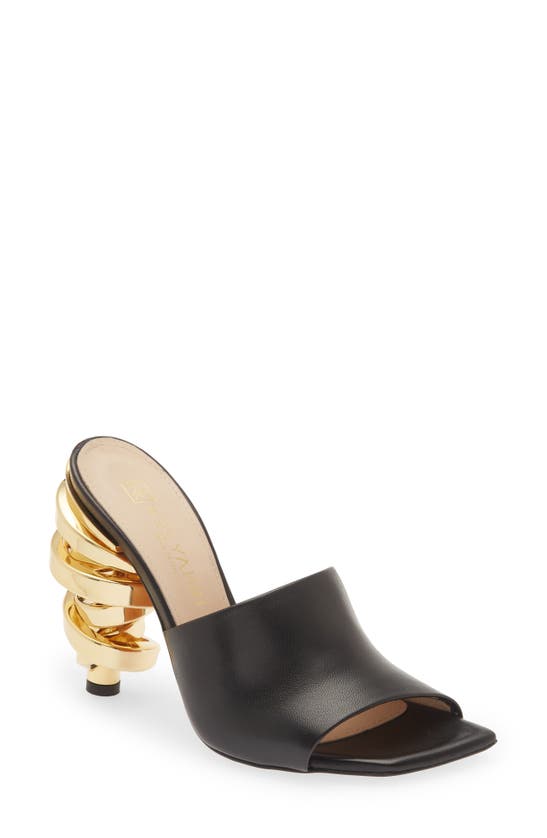 Keeyahri Sarah Peep Toe Mule In Black With Gold Heel | ModeSens
