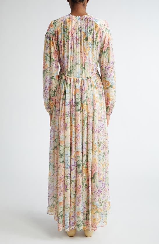 Shop Zimmermann Halliday Floral Gathered Maxi Dress In Multi Watercolour Floral