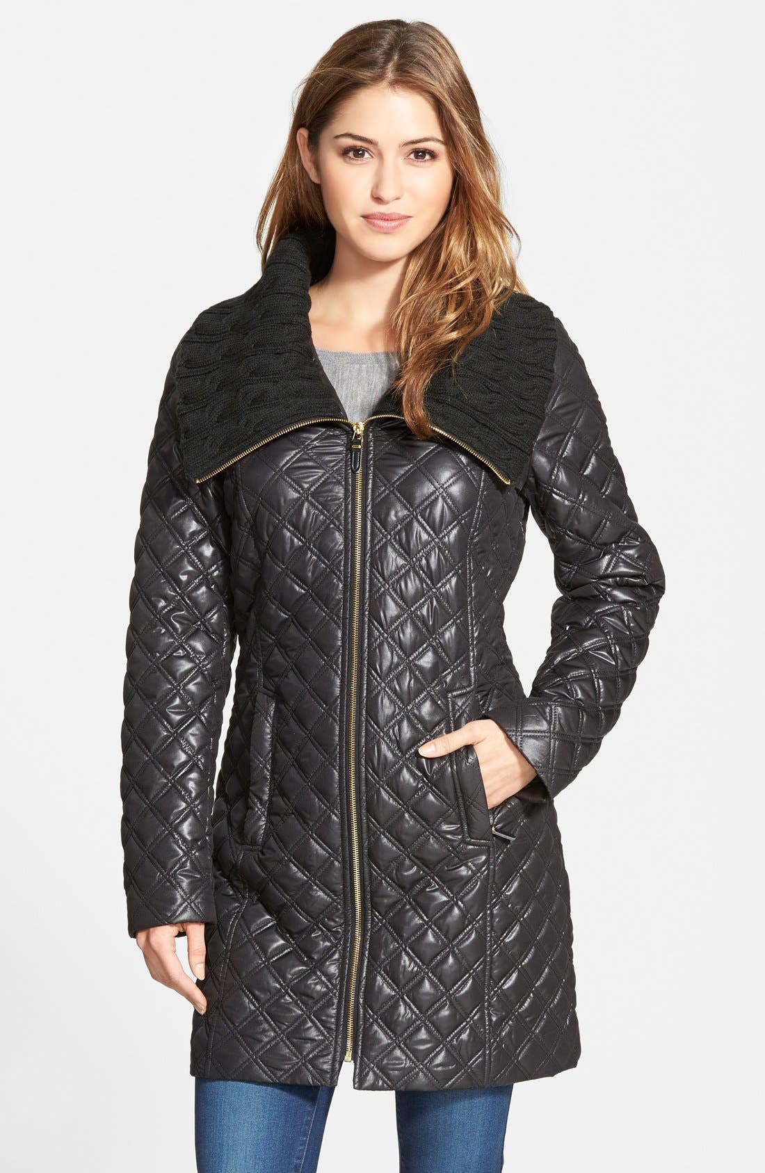 Via Spiga Knit Collar Quilted Front Zip Coat Nordstrom
