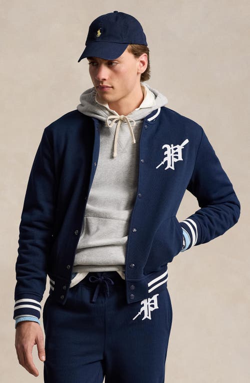 Shop Polo Ralph Lauren Felted Snap-up Baseball Jacket In Cruise Navy