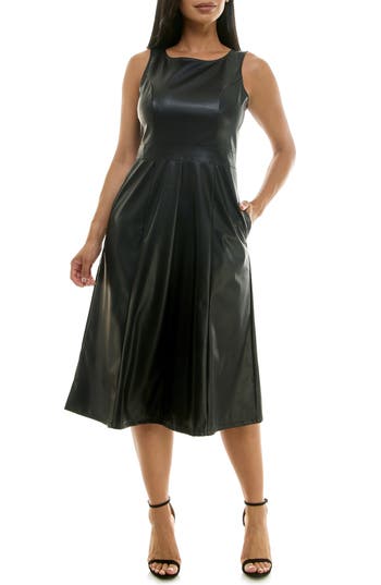 Nina Leonard Scoop Neck A-line Faux Leather Dress In Black