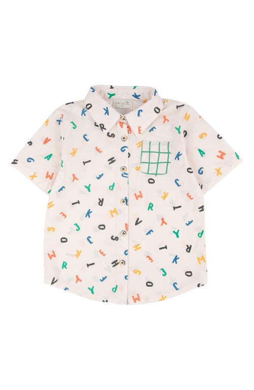 Miki Miette Kids' Alphabet Print Short Sleeve Button-Up Shirt Soup at Nordstrom,