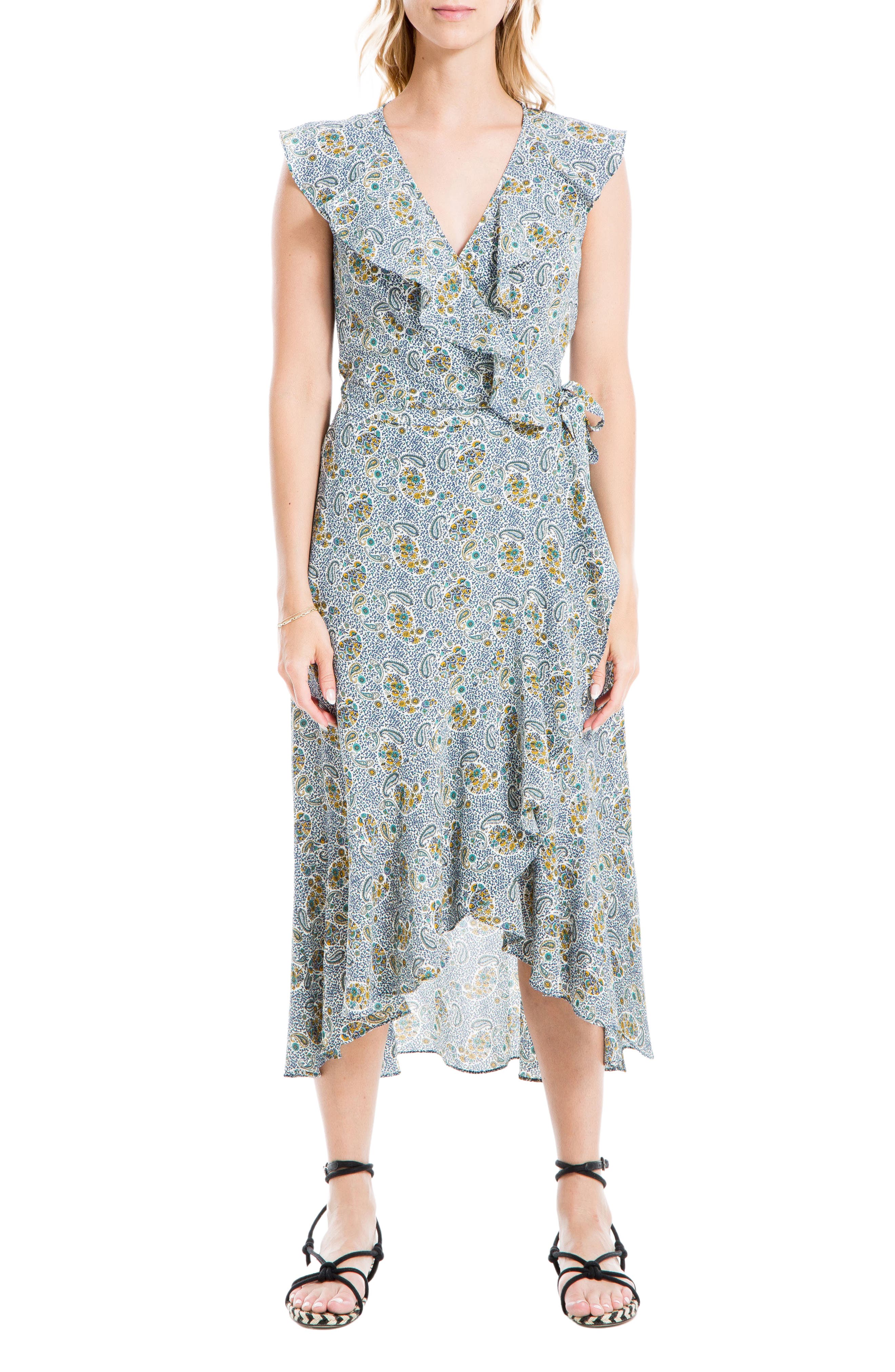 max studio patterned ruffle wrap midi dress