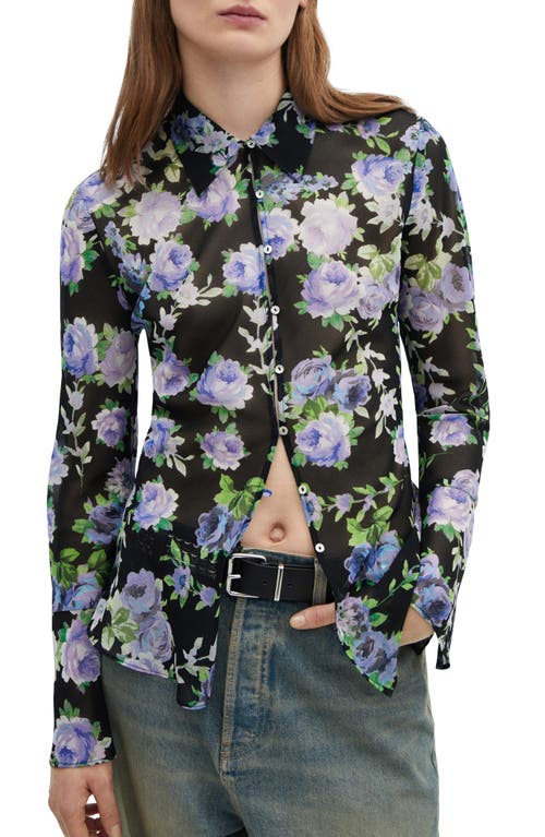 MANGO Sheer Floral Button-Up Shirt Black at Nordstrom,