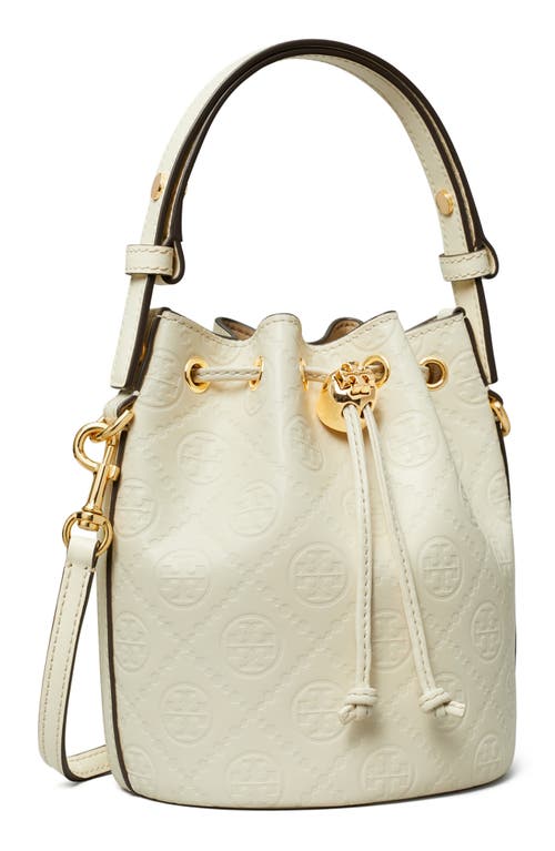 Shop Tory Burch Mini T Monogram Debossed Bucket Bag In Light Cream