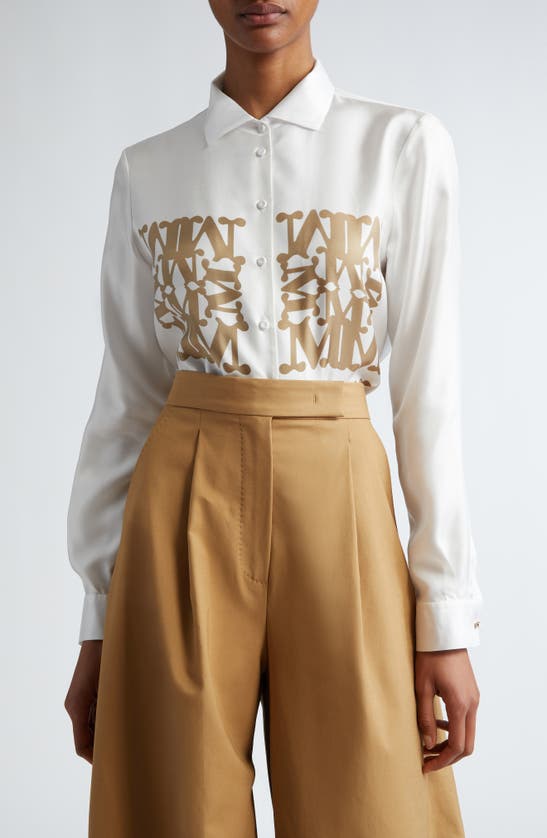 Shop Max Mara Legno Monogram Print Silk Twill Shirt In Vanilla