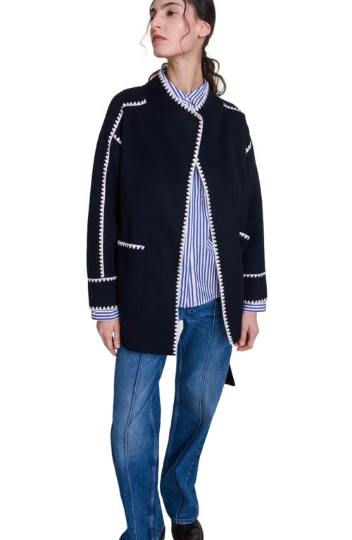 Shop Maje Double-faced Coat In Navy/white