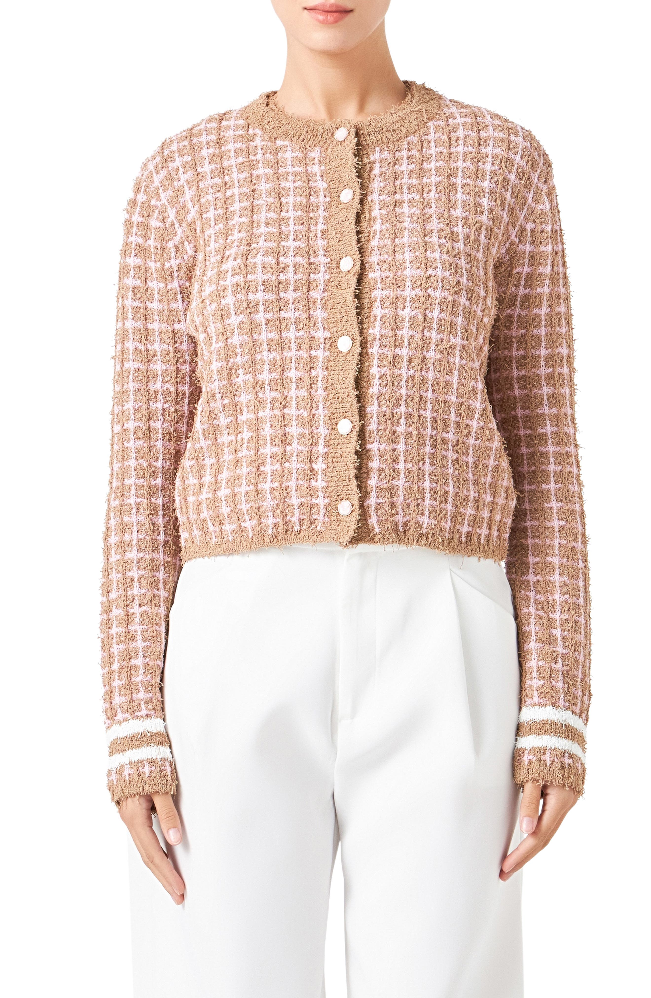 Endless Rose Check Cardigan In Camel/pink