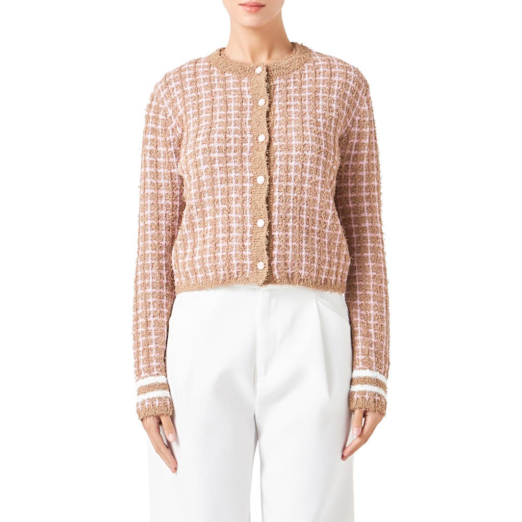 Endless Rose Check Cardigan In Camel/pink