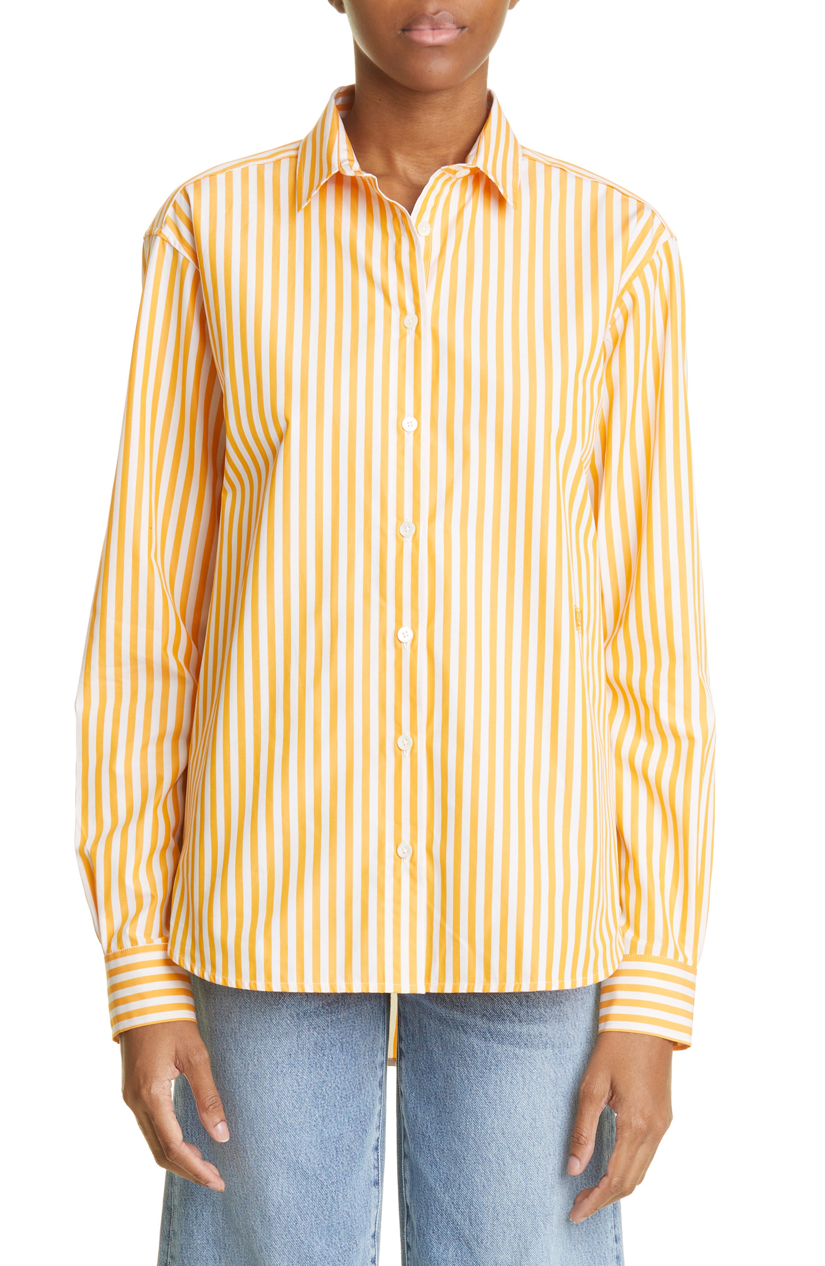 Toteme Signature Stripe Cotton Button-Up Shirt in Orange Stripe