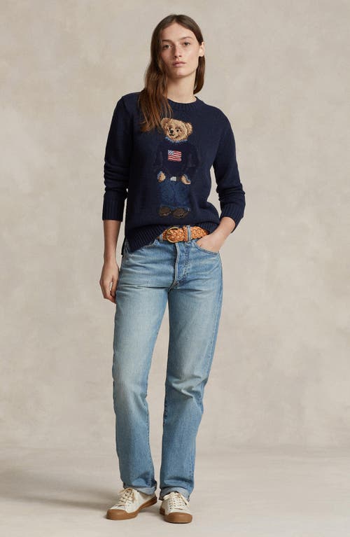 Shop Polo Ralph Lauren Bear Graphic Cotton & Linen Crewneck Sweater In Navy Multi