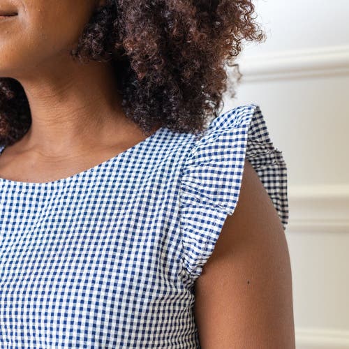 Shop Hope & Henry Organic Flutter Sleeve Short Tiered Dress In Navy Gingham