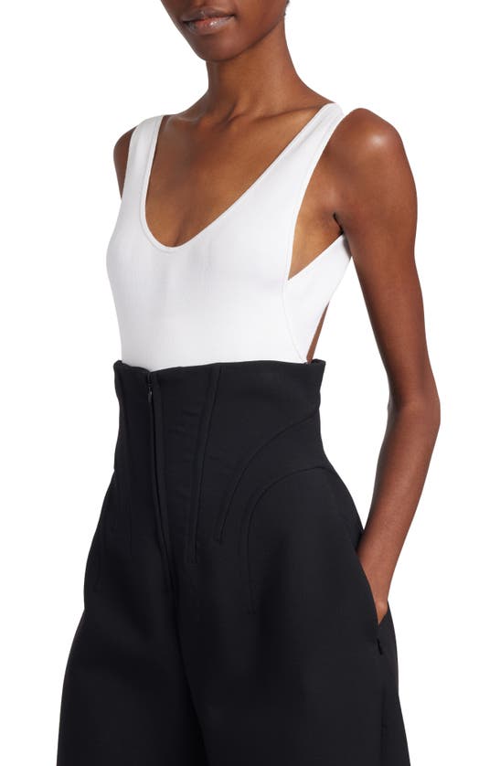 Shop Alaïa Cutout Open Back Cotton Rib Bodysuit In Blanc