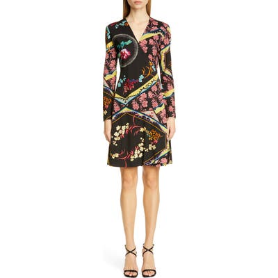 Etro Mixed Floral Long Sleeve Wool Jersey Dress, US / 42 IT - Black
