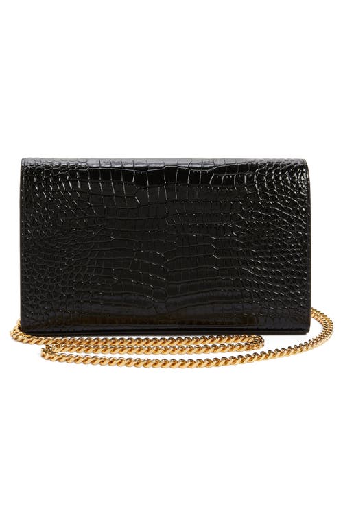 Shop Saint Laurent Croc Embossed Leather Wallet On A Chain In Nero/nero