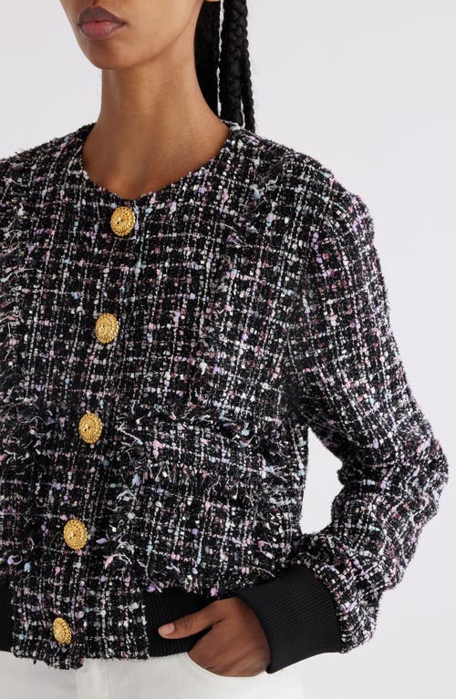 Shop Balmain Button-up Tweed Bomber Jacket In Eah Black Multi