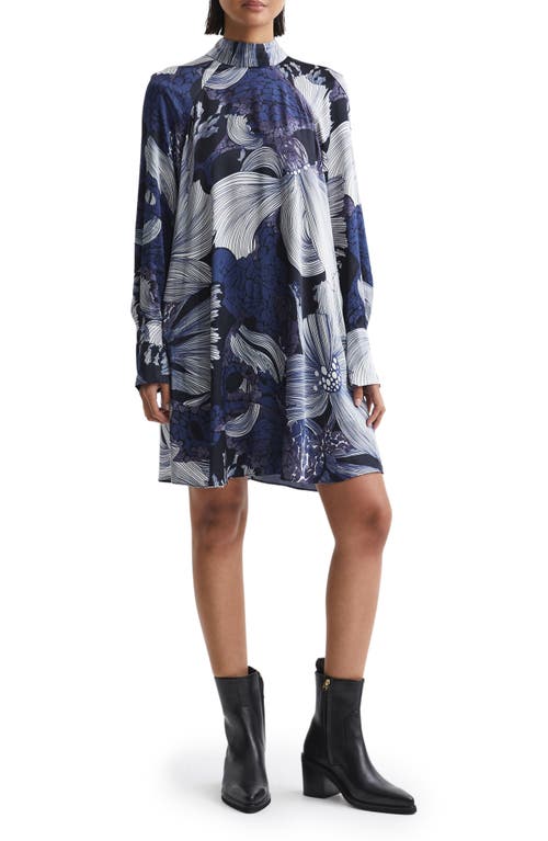 Reiss Thea Mixed Floral Print Long Sleeve Trapeze Dress in Blue White at Nordstrom, Size 2 Us
