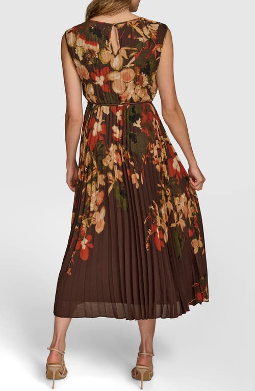 Shop Donna Karan New York Floral Sleeveless Pleated Midi Dress In Bark Multi