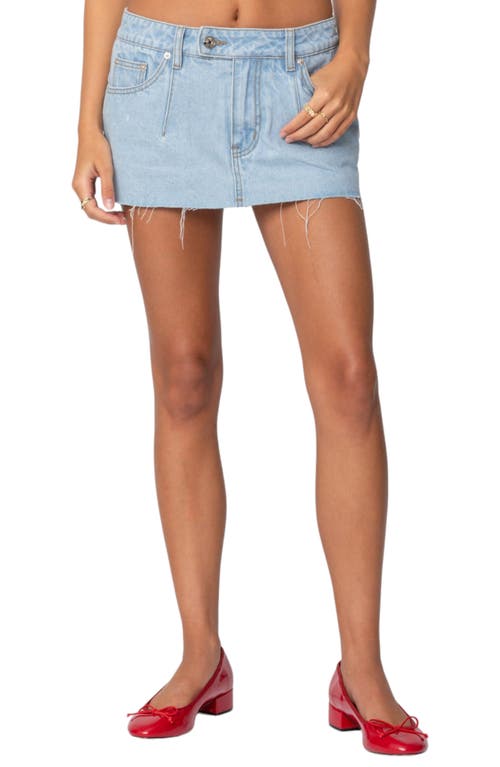 Shop Edikted Clementine Low Rise Raw Hem Denim Miniskirt In Light-blue