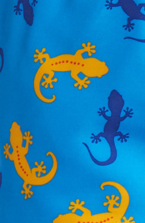 Tom & Teddy Gecko Print Performance Swim Trunks In Blue/orange
