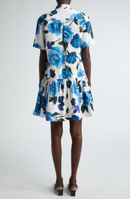 Shop Erdem Brushed Floral Drop Waist Mini Shirtdress In White Blue